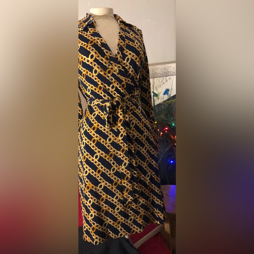 Calvin Klein Navy Midi Wrap Dress with Gold Chain Motif